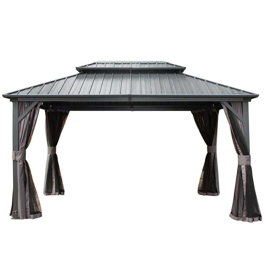 10 ft. x 12 ft. Outdoor Aluminum Gazebos with Galvanized Steel Double Roof, Curtains and Netting(Gray) -  Clihome, CL-DOLS02