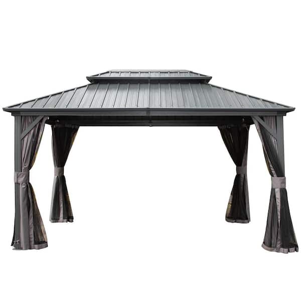 Clihome 10 ft. x 12 ft. Outdoor Aluminum Gazebos with Galvanized Steel Double Roof, Curtains and Netting(Gray)