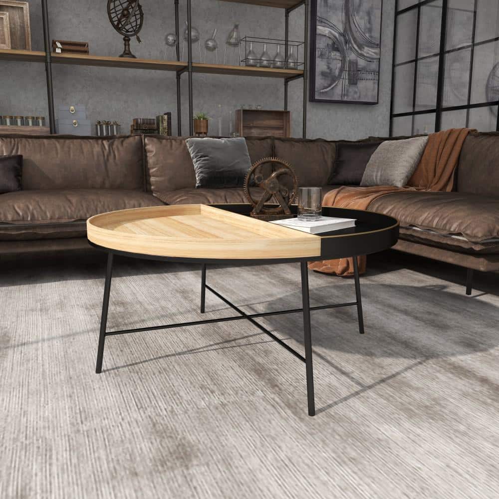 Modern Elegance Round 38" Wood & Black Metal Coffee Table