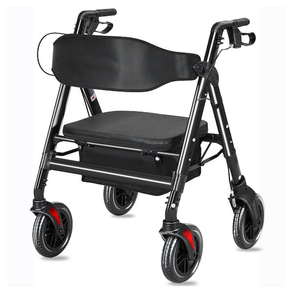 4-Wheel Rollator Walker with Seat and Brakes for Seniors and Adults in Black, Extra-Wide Heavy-Duty Aluminum Frame
