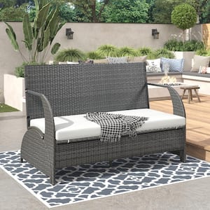 1 Piece Composite Outdoor Loveseat and Convertible to Four Seats & A Table with White Cushion, for Garden Yard Porch