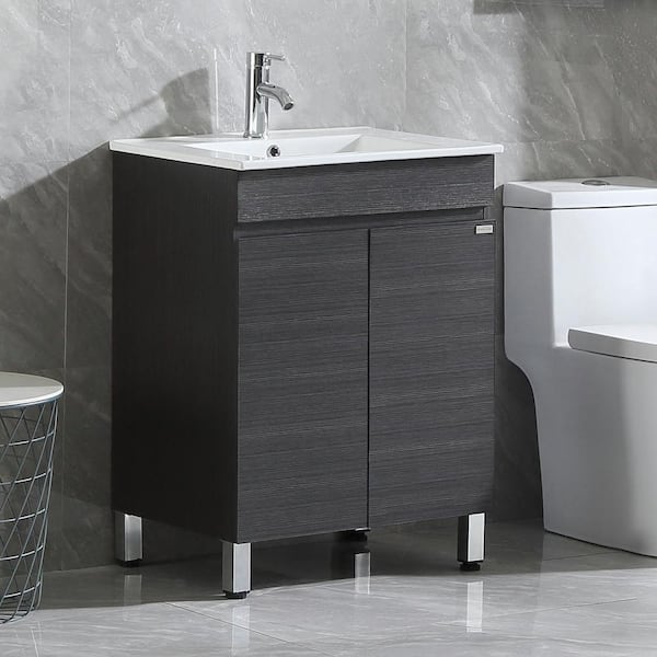 Wonline Wonline 24.5 in. W x 18.1 in. D x 32 in. H Bath Vanity in Black with White Ceramic Top without Mirror