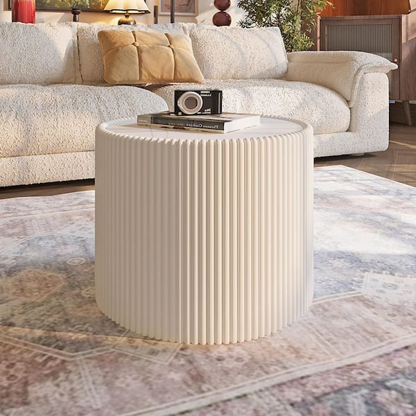 Queena Modern 17.72 in. Milk White Round Drum Sintered Stone Top Coffee Table with Microfiber Leather Wrapped