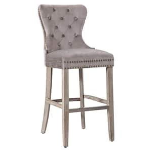 Harper 29 in. High Back Nail Head Trim Button Tufted Gray Velvet Counter Stool with Solid Wood Frame in Antique Gray