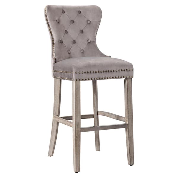 WESTINFURNITURE Harper 29 in. High Back Nail Head Trim Button Tufted Gray Velvet Counter Stool with Solid Wood Frame in Antique Gray