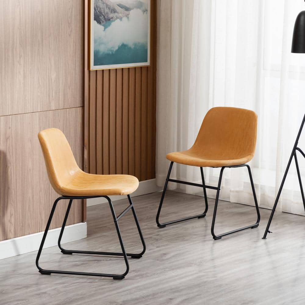 Tan Faux Leather Upholstered Armless Side Chairs with Metal Legs, Set of 2
