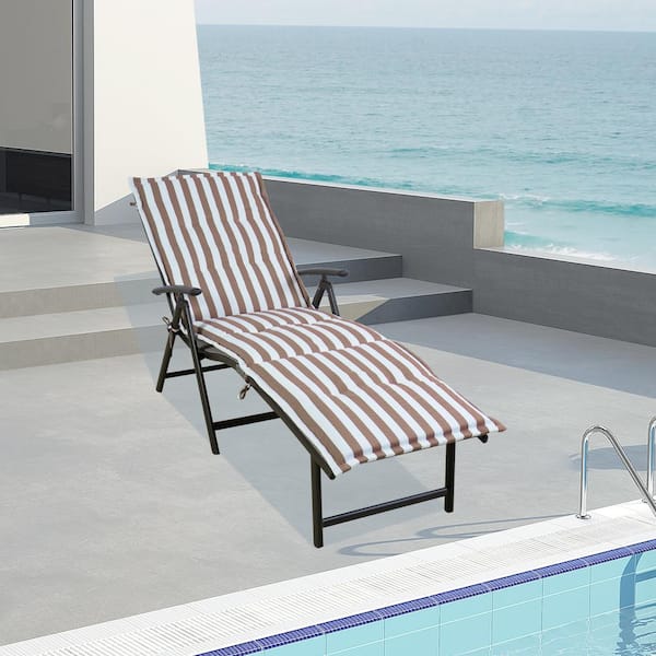 KOZYARD Cozy Aluminum Folding Outdoor Reclining 7 Adjustable Chaise Lounge  Chair with Beige White Stripe Cushion
