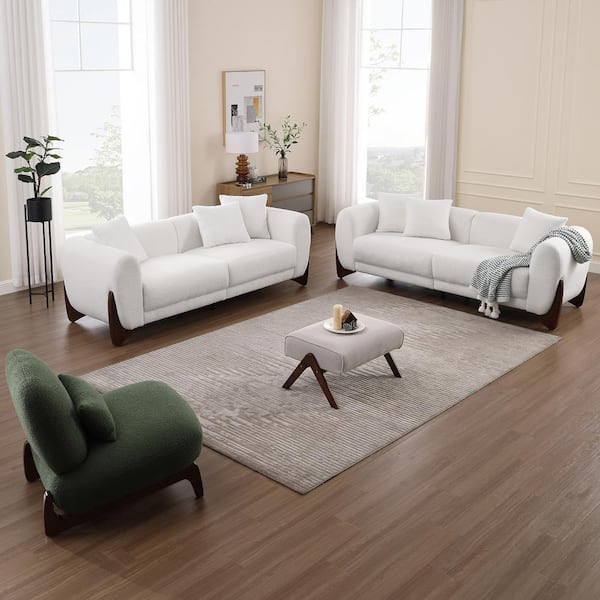 Morden Fort Luxury Cloud Couch 3-Piece White Velvet Sofas and Chair Living Room Set with Solid Wood Frame for Apartment