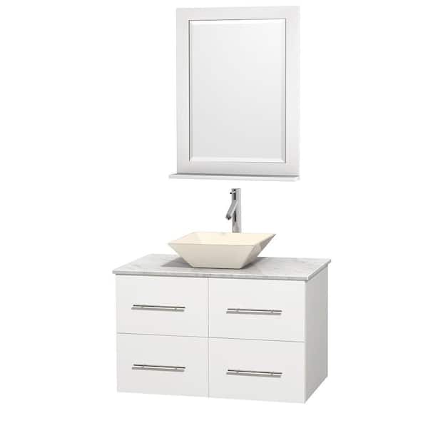 Wyndham Collection Centra 36 in. Vanity in White with Marble Vanity Top in Carrara White, Bone Porcelain Sink and 24 in. Mirror
