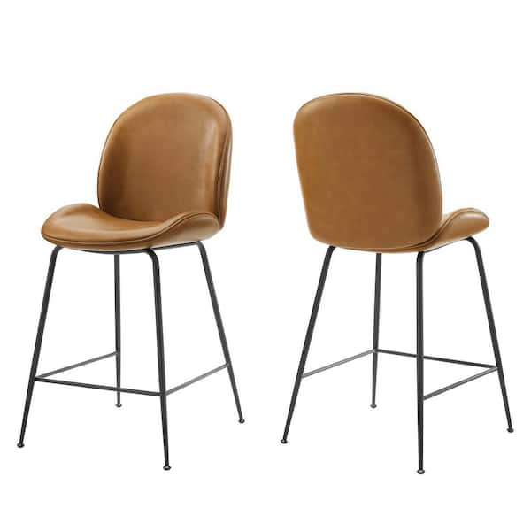 MODWAY Scoop Black Powder Coated Steel Leg Faux Leather Counter Stool in Tan