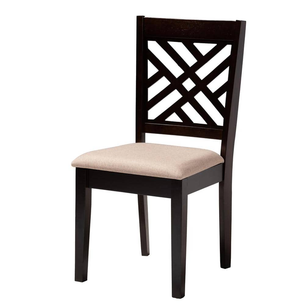 Elise Round Espresso Wood Dining Set with Beige Fabric Seats, 5-Piece