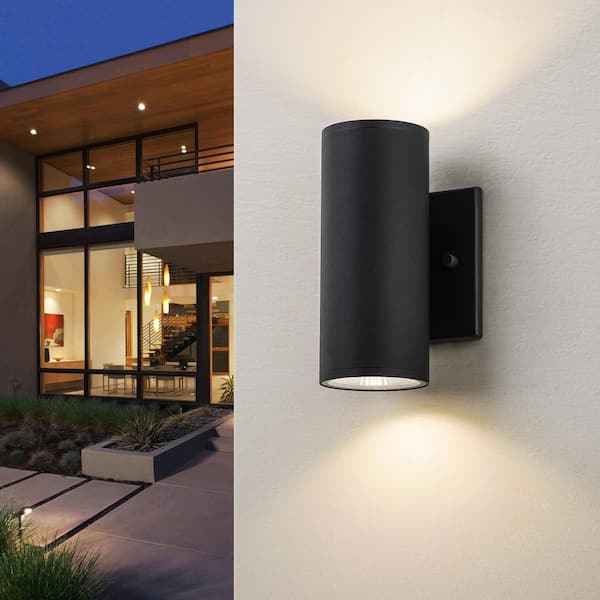 Alexa 7.1 in. 2-Light Black Cylinder Outdoor Wall Sconce, Up-Down Lighting