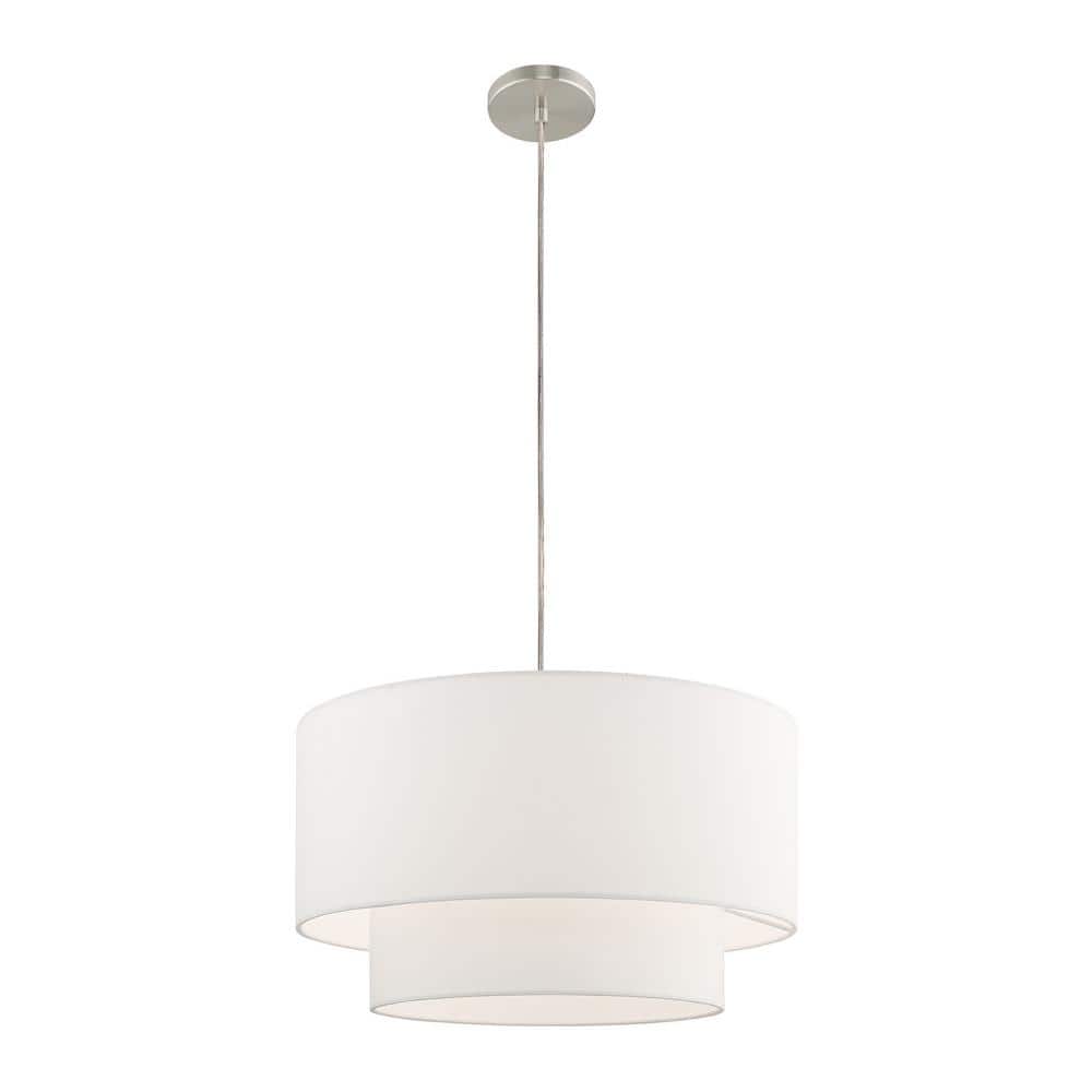 Elegant Brushed Nickel Drum Pendant with Off-White Fabric Shade