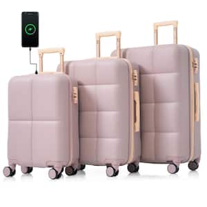 3-Piece Rosy Brown 20 in. x 24 in. x 28 in. ABS Hardshell Spinner Expandable Luggage Set with USB Port Cup Holder, Hooks