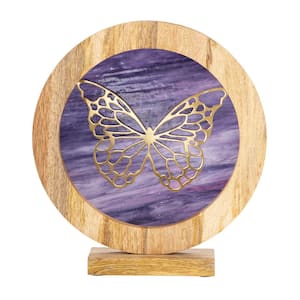 Eclectic Stained Glass Window Panel with Wood Stand in Purple