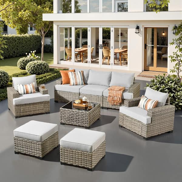 Silvae Gray 8-Piece Wicker Outdoor Sectional Patio Conversation Sets with Single Chair & Light Gray Cushion and Ottoman