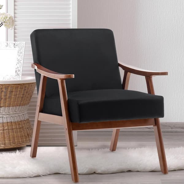 Noble House Uli Black Modern Cushioned Accent Arm Chair, Rubberwood Frame