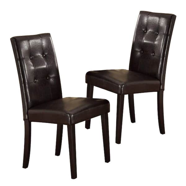 POUNDEX Espresso Solid Wood and Brown Faux Leather Dining Chair (Set of 2)