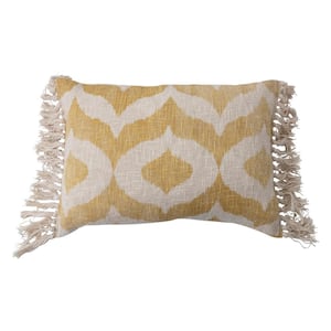 16 in. x 20 in. Yellow Cotton Slub Lumbar Pillow with Ikat Pattern and Tassels