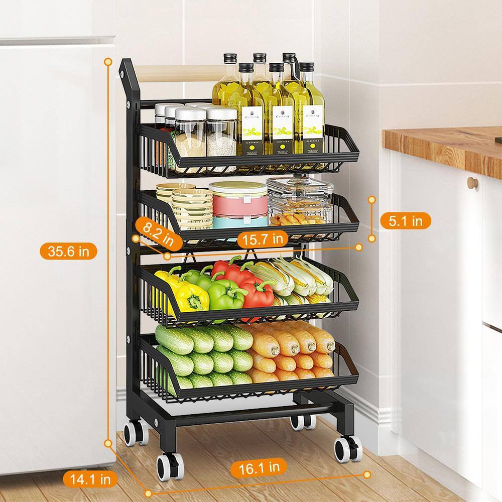 Black Metal and Wood 5-Tier Rolling Kitchen Cart with Mesh Baskets