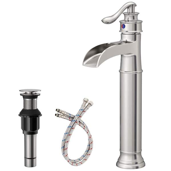 HOMEMYSTIQUE Single Handle Waterfall Vessel Sink Faucet with Drain Kit Included in Brushed Nickel