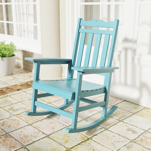 Sonkuki Lake Blue Plastic Adirondack Rocking Chair with Big Armrest Weather Resistant, Fire Pit Outdoor Rocking Chair