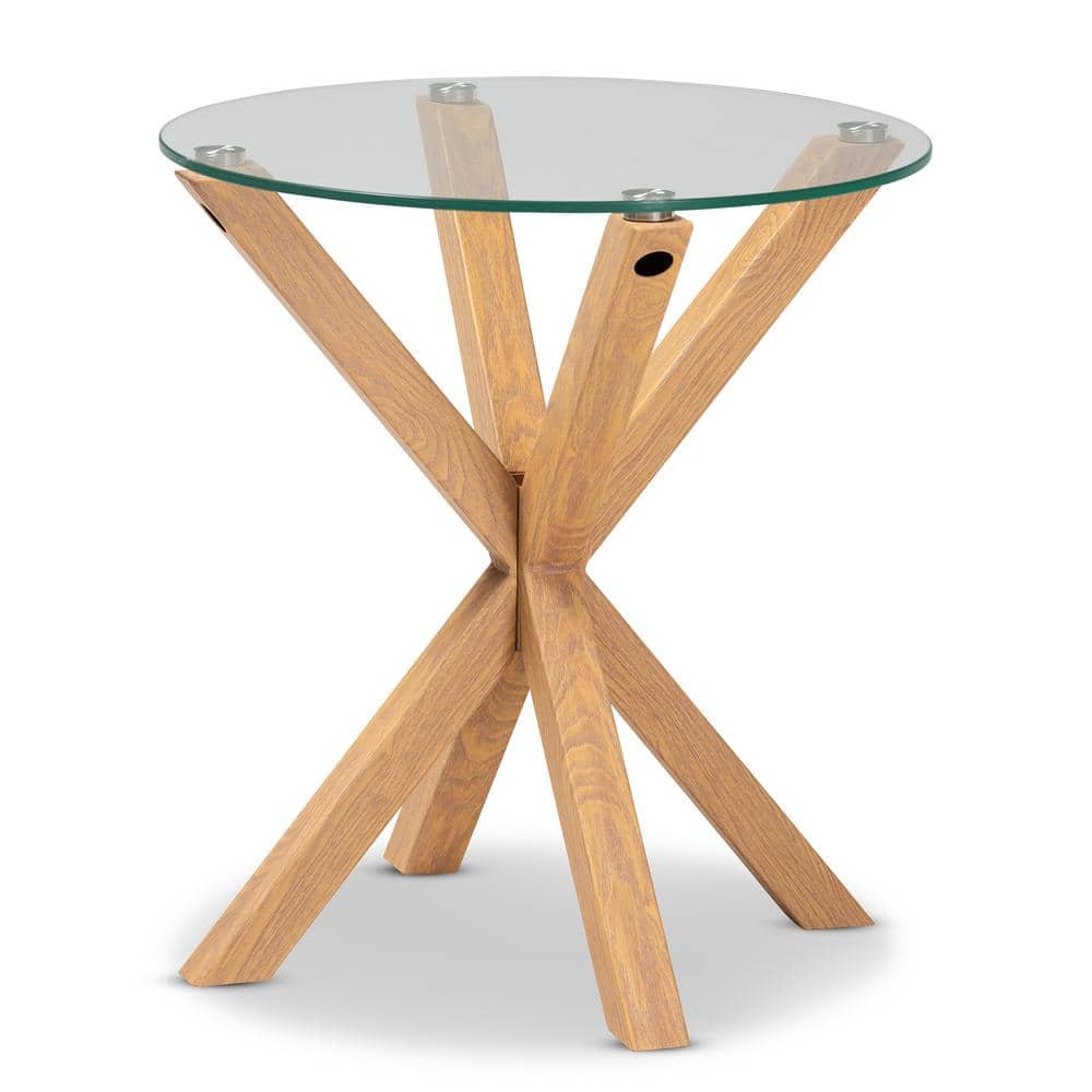 Round Glass and Wood End Table with Sculptural Base