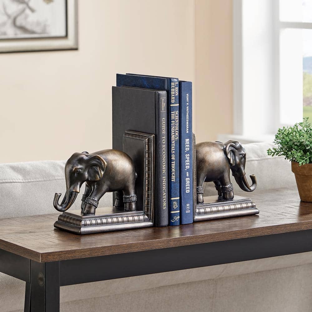 Bronze Patina Elephant Bookends Set with Ornate Design