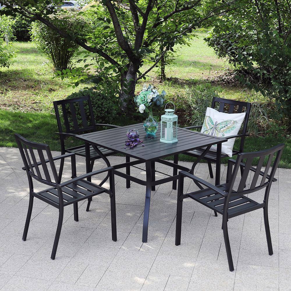 PHI VILLA Black 5-Piece Metal Outdoor Patio Dining Set with Slat Square ...