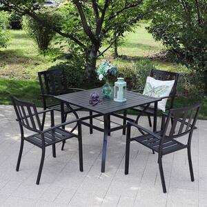 Black 5-Piece Metal Outdoor Patio Dining Set with Slat Square Table and Modern Stackable Chairs