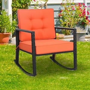 Black Wicker Rattan Outdoor Rocking Chair with Orange Cushions