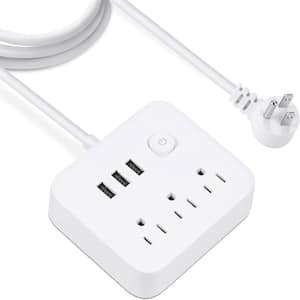 Overload Protection Flat Plug Power Strip Surge Protector With, 3 AC Outlets, 3 USB, 1 Power Button in White