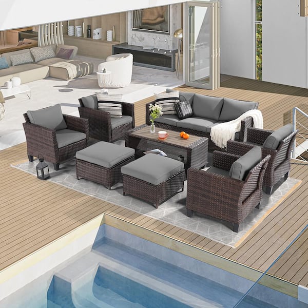 Sonkuki 8-Piece Brown Wicker Patio Sofa Set Outdoor Furniture Set with Ottomans and Coffee Table, Gray