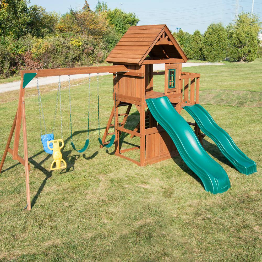 Knightsbridge Deluxe Wooden Backyard Swing Set with Slides and Swings
