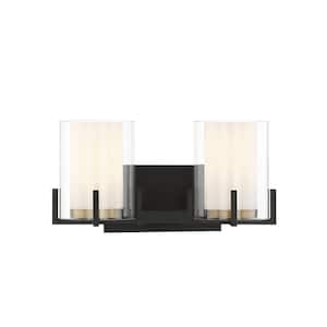 Eaton 15 in. W x 7.5 in. H 2-Light Matte Black with Warm Brass Accents Bathroom Vanity Light with Frosted Glass Shades