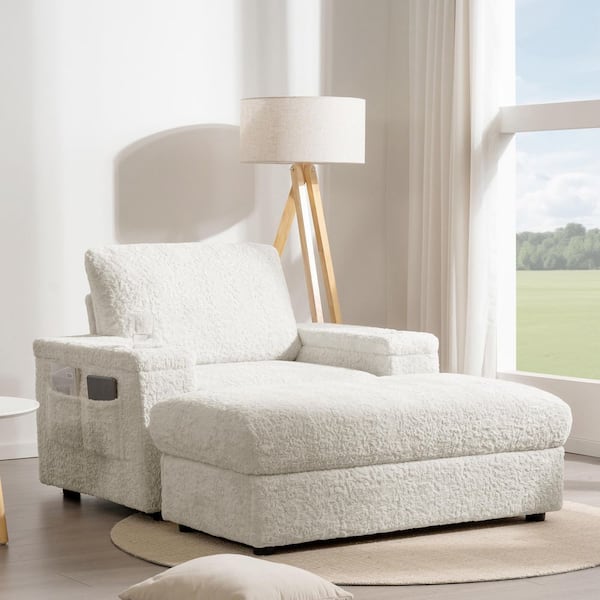 Beige Faux Fur Arm Chair with Storage Ottoman, Armrests, Cup Holders and Upholstered Sleeper Chair
