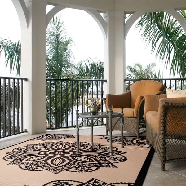Courtyard Beige/Black 2 ft. x 12 ft. Border Indoor/Outdoor Patio  Runner Rug