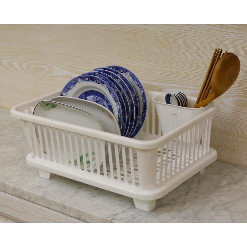 White Heavy Duty Plastic Dish Drying Rack with Utensil Cup