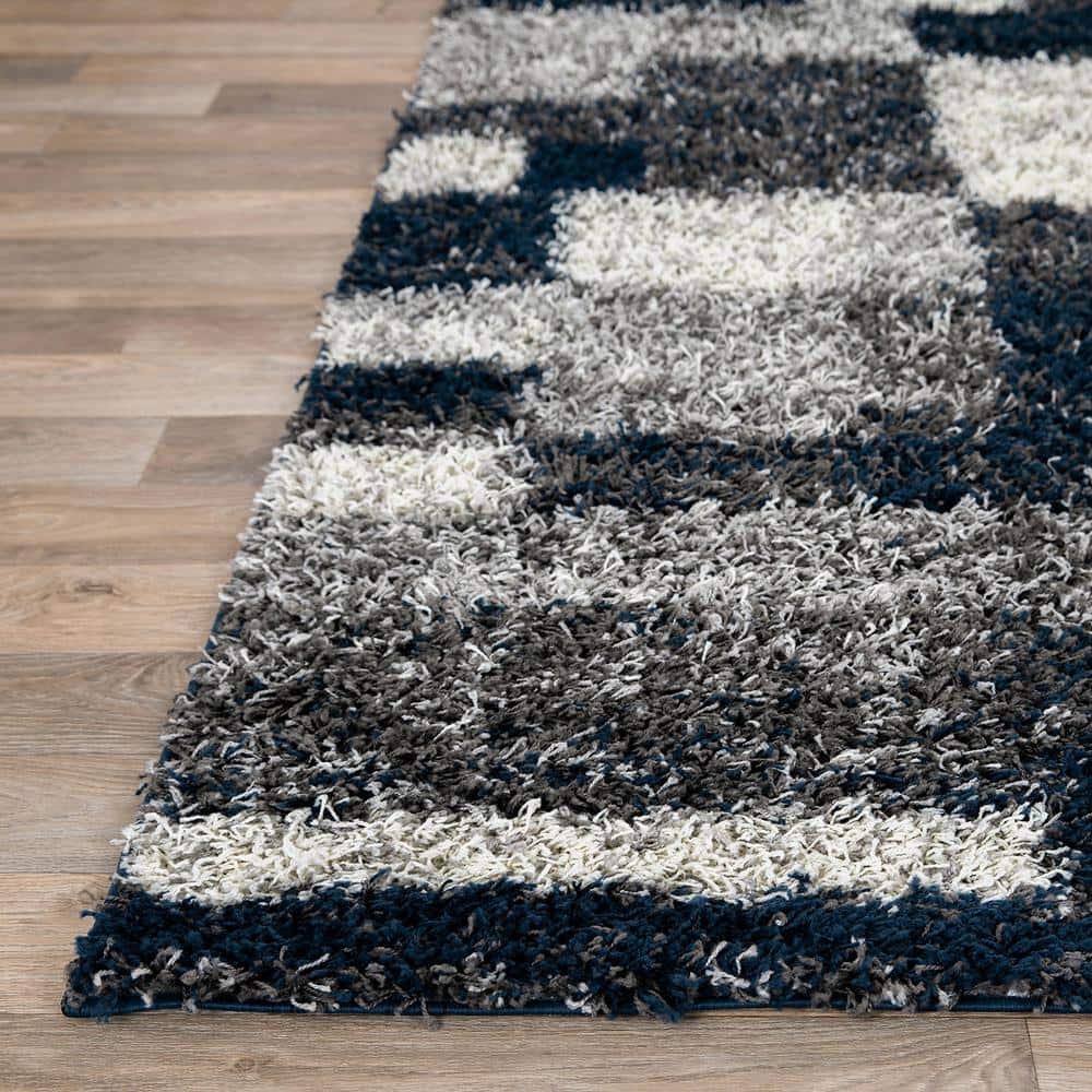 Navy and Gray Rectangular Synthetic Shag Area Rug 7'10" x 10'