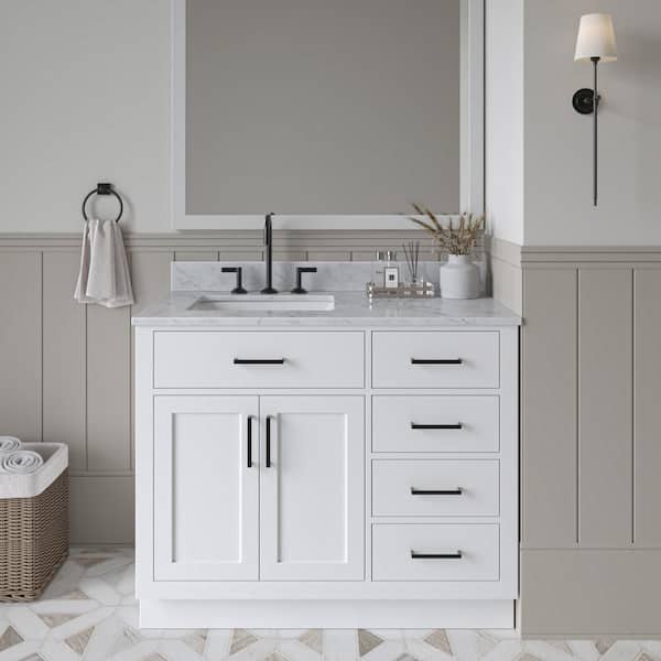 ARIEL Hepburn 43 in. W x 22 in. D x 35.25 in. H Bath Vanity in White with Carrara Marble Vanity Top in White with White Basin