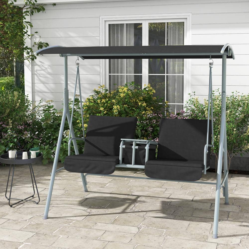 Black Metal 2-Person Porch Swing with Canopy and Cushions