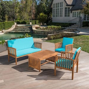 4-Piece Acacia Wood Outdoor Patio Conversation Furniture Set with Acacia Wood Coffee Table and Teal Waterproof Cushions