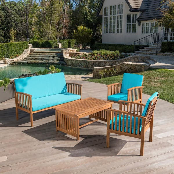 Unbranded 4-Piece Acacia Wood Outdoor Patio Conversation Furniture Set with Acacia Wood Coffee Table and Teal Waterproof Cushions