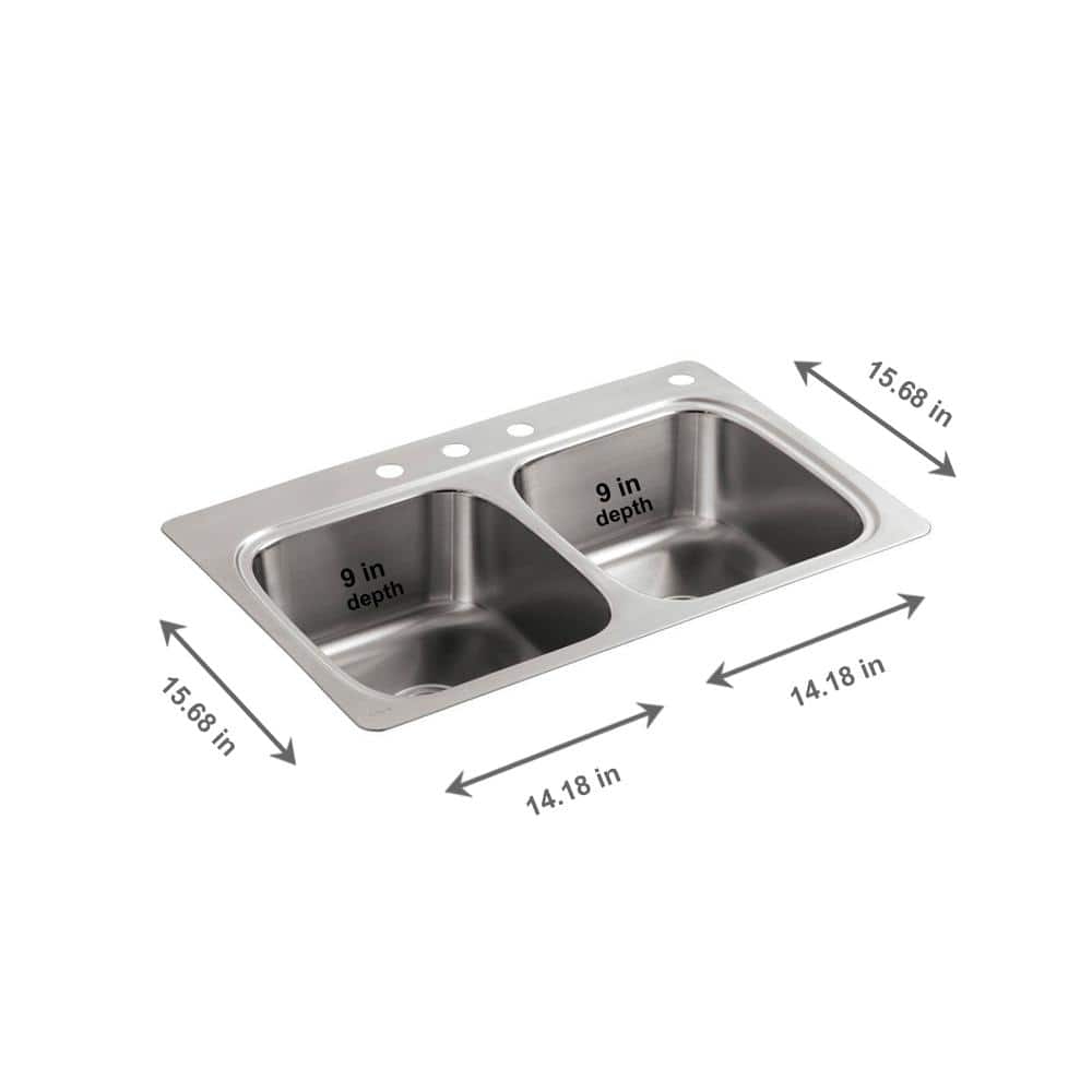 33'' Brushed Stainless Steel Double Bowl Drop-In Kitchen Sink