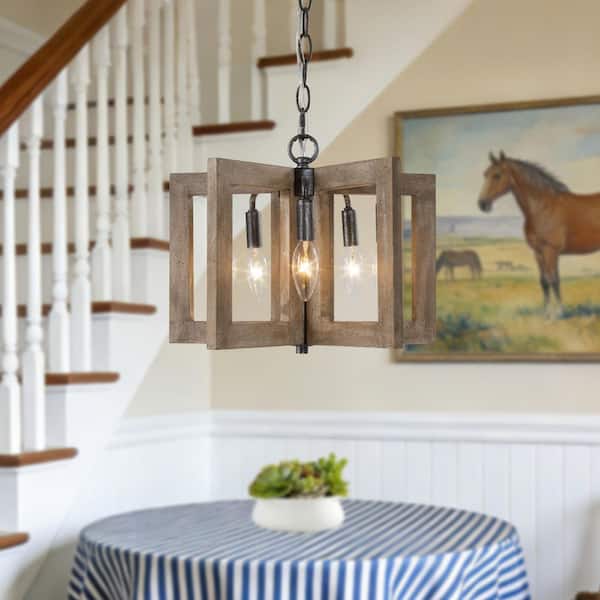 Farmhouse 5-Light Brown Natural Wood Pendant Light, Rustic Island Ceiling Light with Geometric Cage for Dining Room