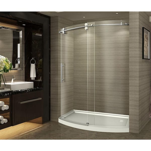Aston ZenArch 60 in. x 75 in. Completely Frameless Bowfront Sliding Shower Door in Stainless Steel with Left Opening and Base