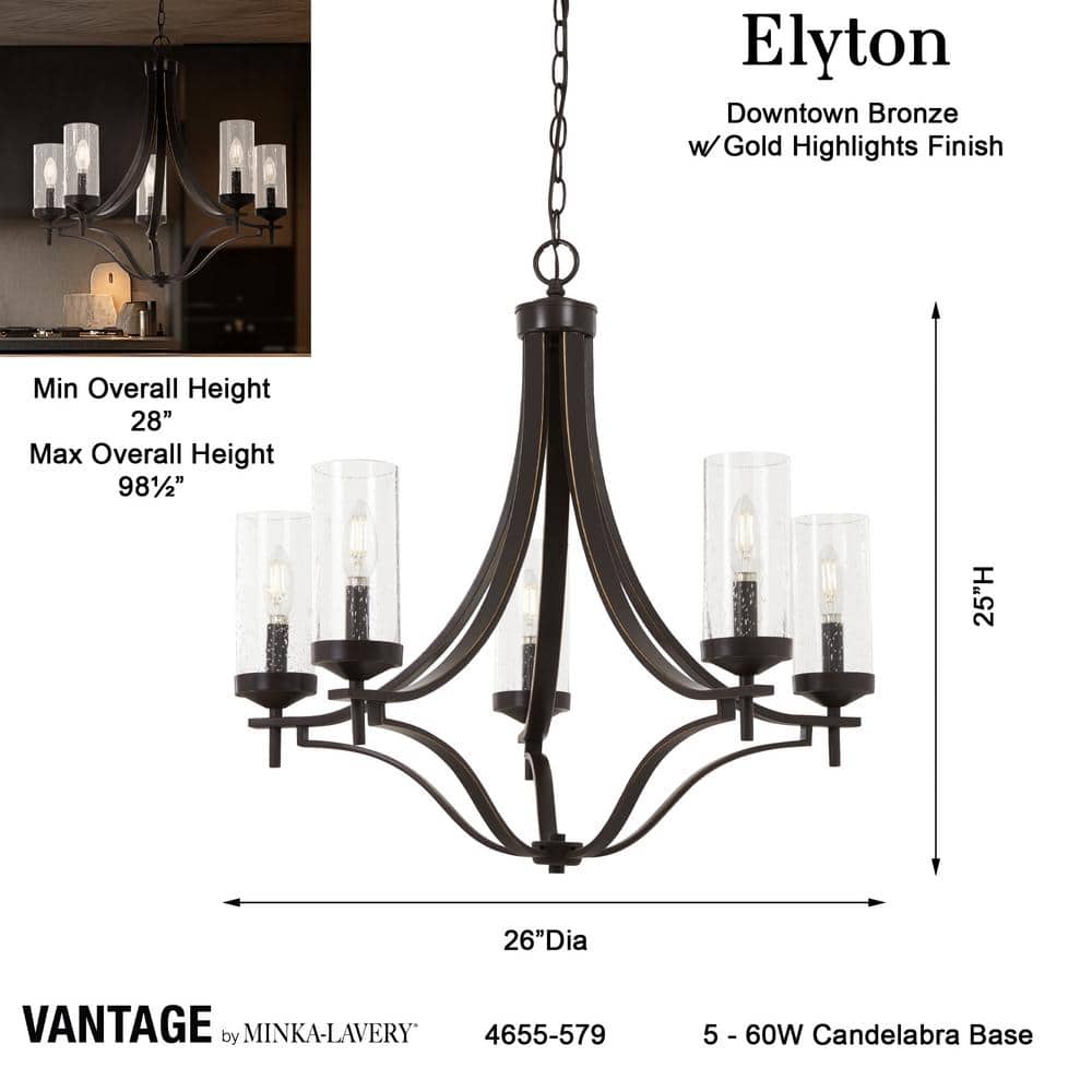 Elyton 5-Light Downton Bronze Chandelier with Clear Seedy Glass Shade