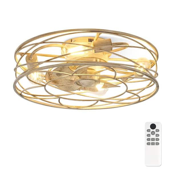 JAZAVA 20 in. Indoor White and Golden 100-240 V Low Profile Cage Ceiling Fan with Light