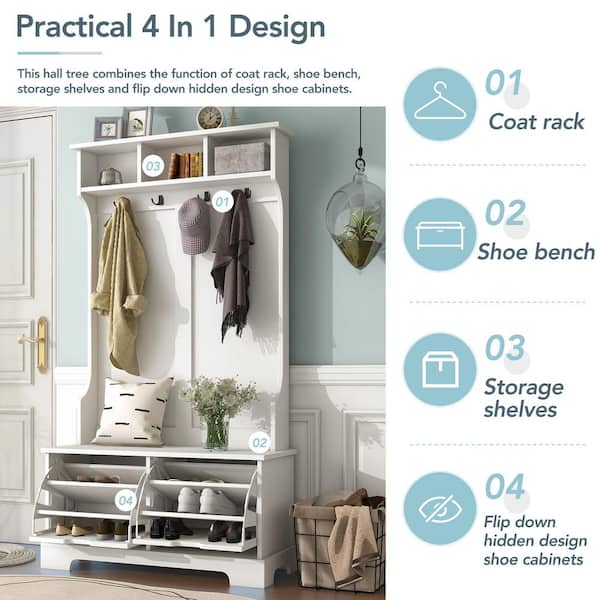 All in One White Entryway Hall Tree with Storage Shelves, Shoes Cabinet, Bench Coat Hanger Clothes Organizer Coat Rack