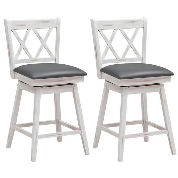 Gymax 38 in. H (Set of 2) Barstools Swivel Counter Height Chairs w/Rubber Wood Legs White